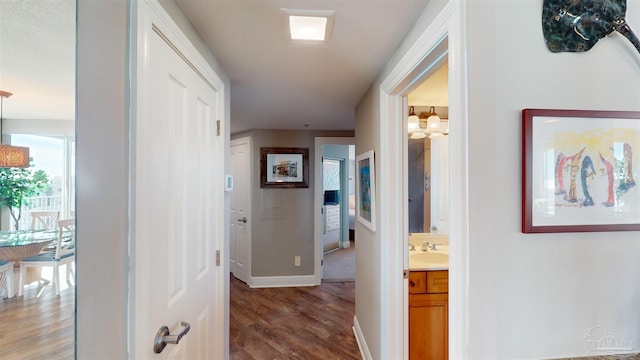 hallway with wood-type flooring and sink