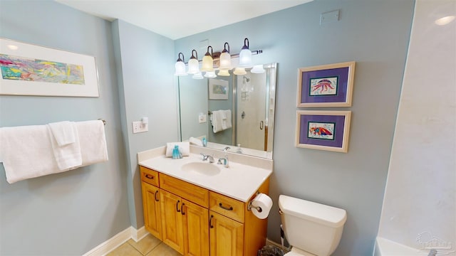 full bathroom with toilet, vanity, independent shower and bath, and tile patterned flooring