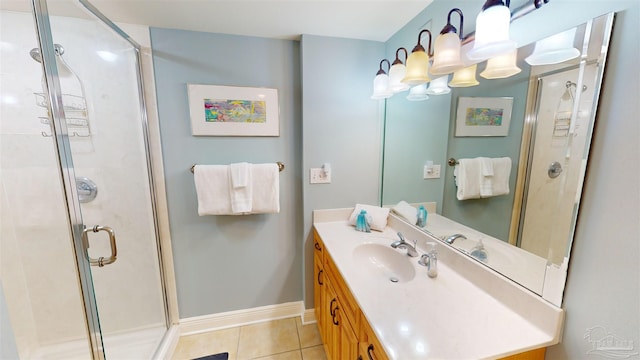 bathroom featuring vanity, walk in shower, and tile patterned flooring