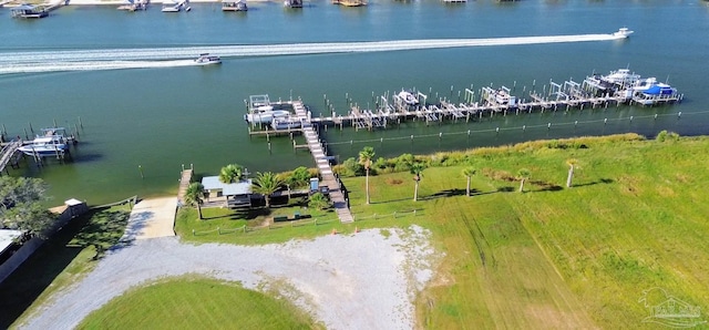 drone / aerial view featuring a water view