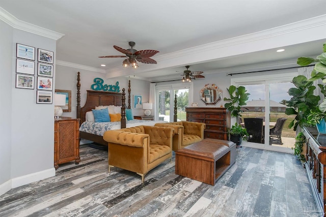 living room with hardwood / wood-style flooring, ceiling fan, french doors, and crown molding