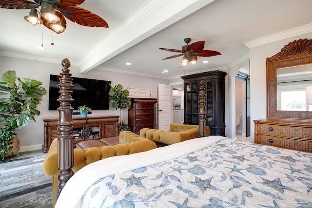 bedroom with crown molding, ceiling fan, hardwood / wood-style floors, and beam ceiling