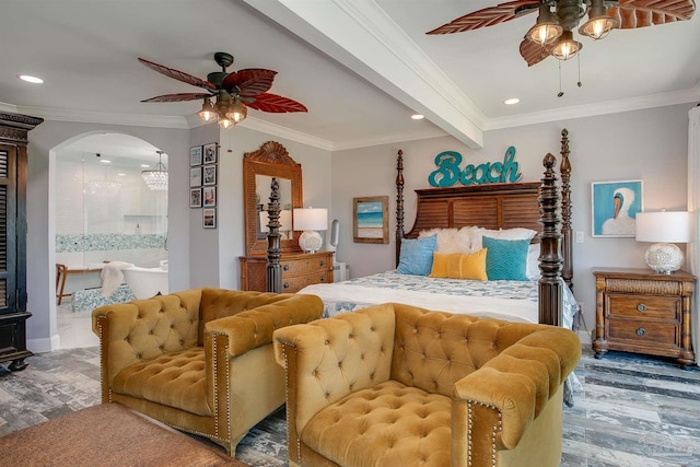 bedroom featuring beam ceiling, hardwood / wood-style flooring, ornamental molding, and ceiling fan