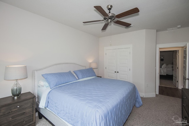 bedroom with carpet, a closet, ceiling fan, and baseboards