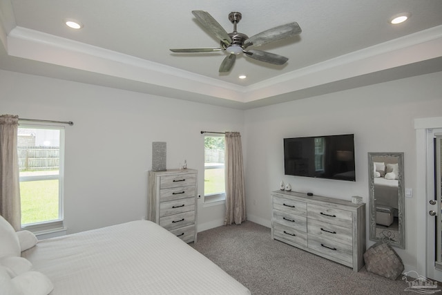 bedroom featuring carpet floors, a tray ceiling, and recessed lighting