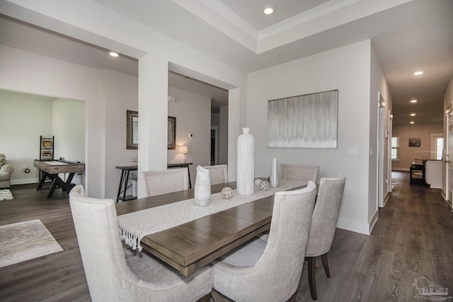 dining space with baseboards, dark wood-type flooring, and recessed lighting