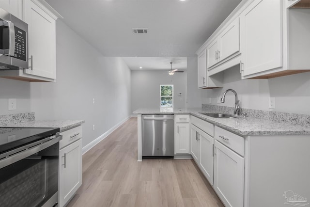 kitchen featuring stainless steel appliances, a sink, visible vents, and white cabinets