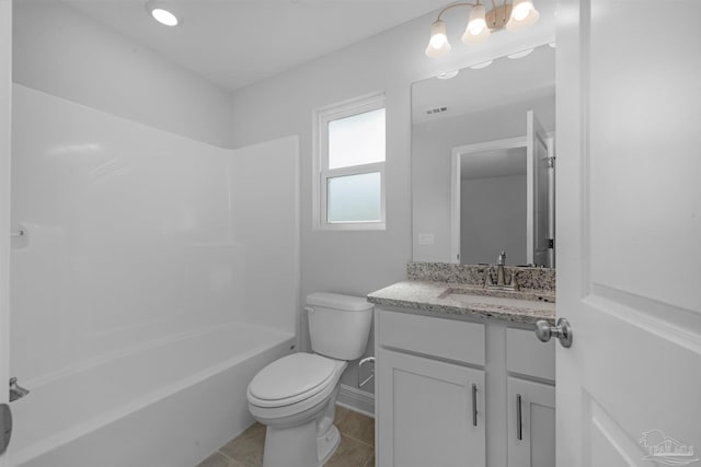 full bath featuring visible vents, toilet, tile patterned flooring, vanity, and shower / washtub combination