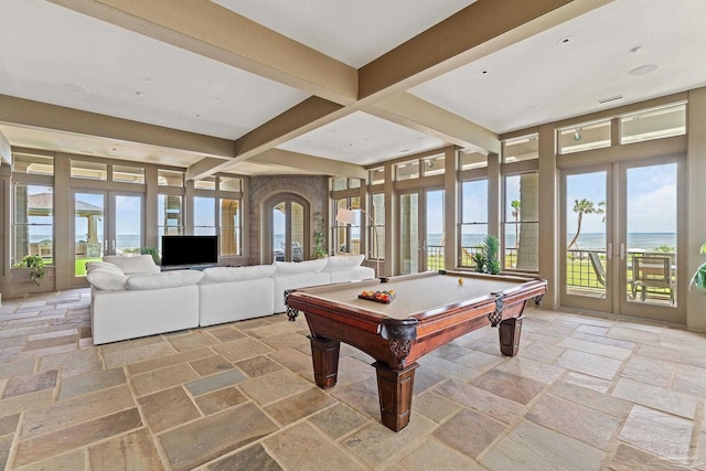 playroom featuring beamed ceiling, coffered ceiling, pool table, and french doors