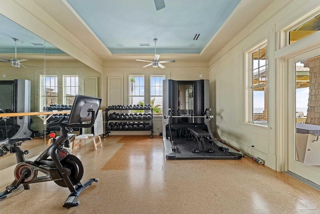 exercise area with a raised ceiling, a healthy amount of sunlight, and ceiling fan