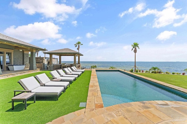 view of swimming pool with a gazebo, a patio area, and a water view