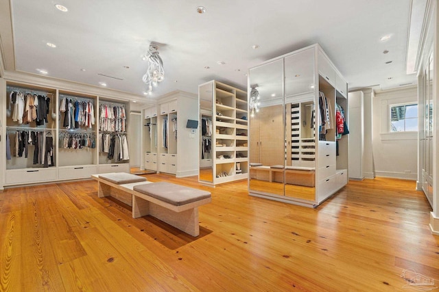 interior space featuring ornamental molding and light wood-type flooring