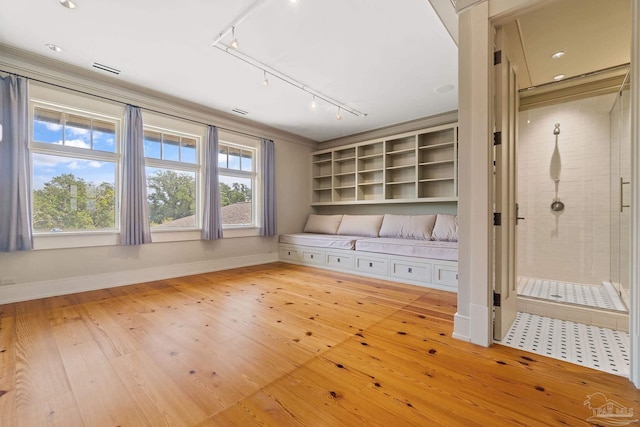 mudroom with ornamental molding, plenty of natural light, and light hardwood / wood-style floors