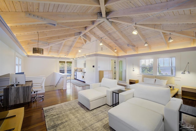 bedroom with hardwood / wood-style flooring, wood ceiling, and lofted ceiling with beams