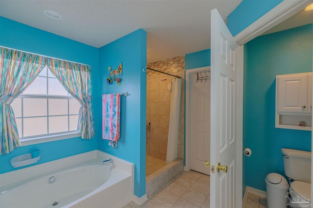 bathroom with separate shower and tub, toilet, a textured ceiling, and tile patterned floors