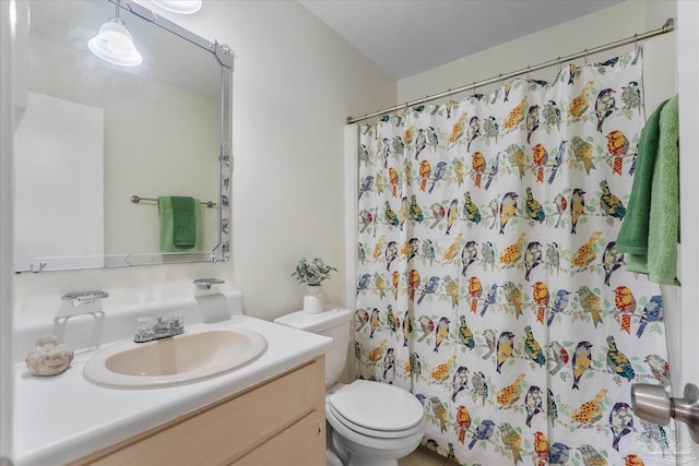 bathroom featuring vanity, curtained shower, and toilet