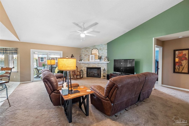917 Broken Arrow Ln, Pensacola, FL 32533 - living area featuring lofted ceiling, light carpet, ceiling fan, and baseboards