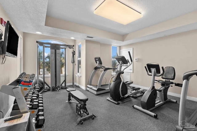 exercise room with a tray ceiling, a wealth of natural light, and a textured ceiling