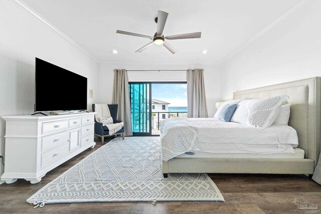 bedroom with access to exterior, dark wood-type flooring, ornamental molding, and ceiling fan