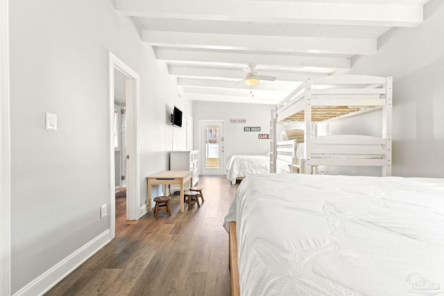 bedroom featuring beamed ceiling, dark wood-type flooring, and ceiling fan