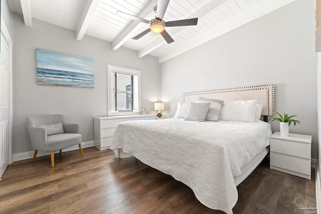 bedroom featuring dark wood-type flooring, ceiling fan, wooden ceiling, and vaulted ceiling with beams