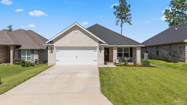 5726 Dunridge Dr, Pace, FL 32571 - view of front of property featuring a garage, brick siding, a front lawn, driveway, and a shingled roof
