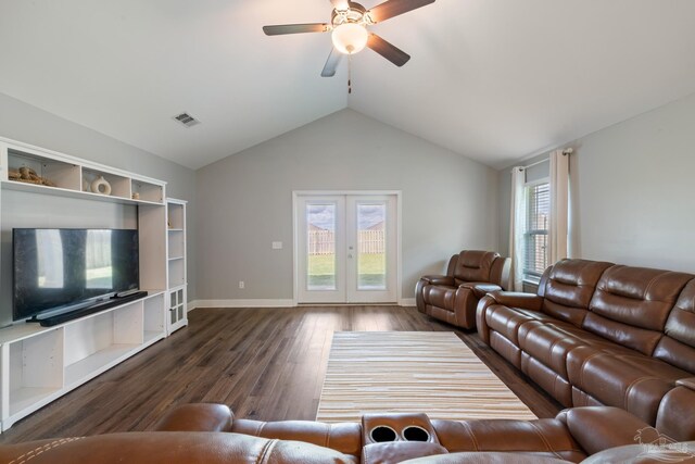 5726 Dunridge Dr, Pace, FL 32571 - living area featuring a ceiling fan, wood finished floors, lofted ceiling, french doors, and baseboards