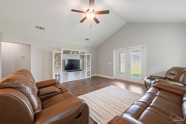 5726 Dunridge Dr, Pace, FL 32571 - living room with french doors, a ceiling fan, dark wood finished floors, vaulted ceiling, and baseboards