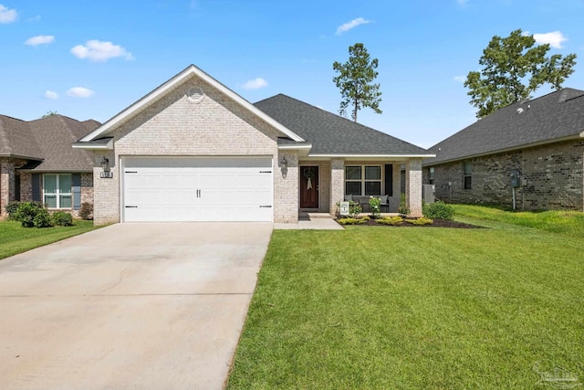 5726 Dunridge Dr, Pace, FL 32571 - view of front of house featuring a garage, brick siding, a front yard, concrete driveway, and a porch