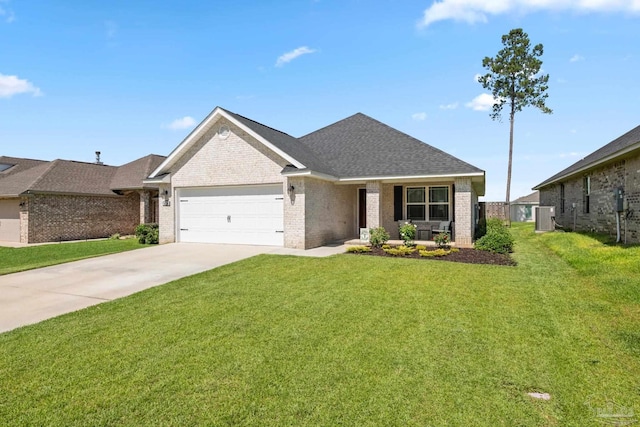 5726 Dunridge Dr, Pace, FL 32571 - ranch-style house featuring brick siding, central air condition unit, an attached garage, and a front yard