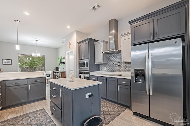 kitchen featuring pendant lighting, appliances with stainless steel finishes, a center island, tasteful backsplash, and wall chimney exhaust hood