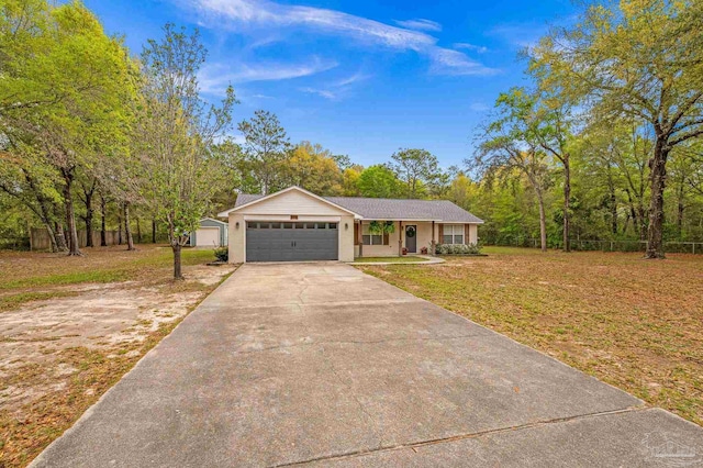 single story home featuring driveway, an attached garage, and a front lawn