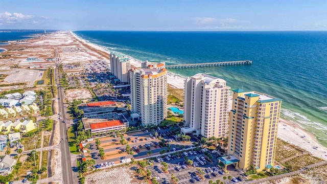 birds eye view of property with a view of the beach and a water view