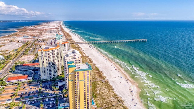 drone / aerial view with a beach view and a water view