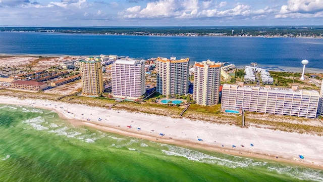 aerial view featuring a beach view and a water view