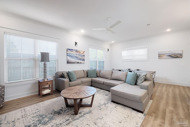 living room with ceiling fan, light hardwood / wood-style flooring, and ornamental molding