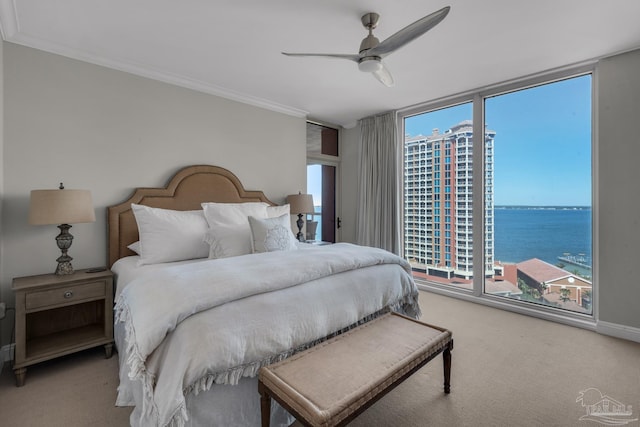 bedroom with carpet floors, a water view, ceiling fan, and multiple windows