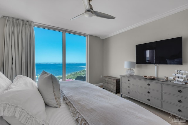 bedroom featuring crown molding, carpet, access to exterior, and ceiling fan