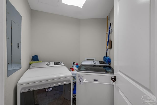 washroom with independent washer and dryer and electric panel