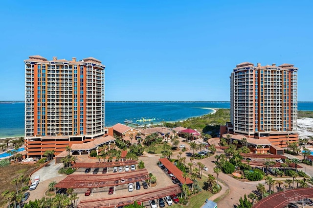 bird's eye view with a water view