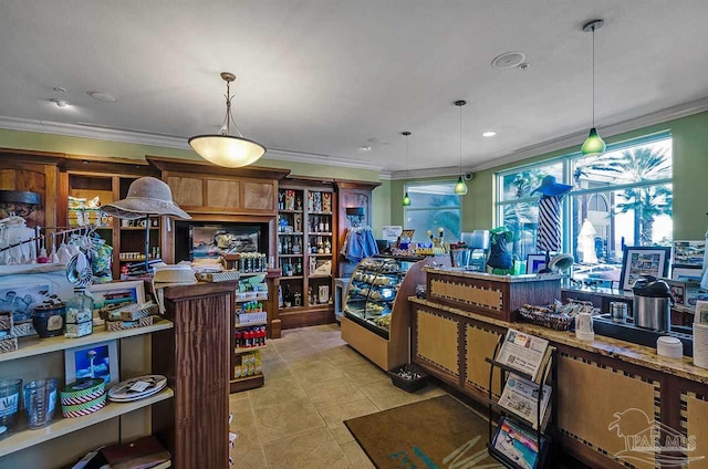 miscellaneous room with ornamental molding and light tile patterned floors