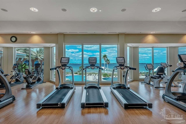 gym featuring hardwood / wood-style flooring, a healthy amount of sunlight, and a water view