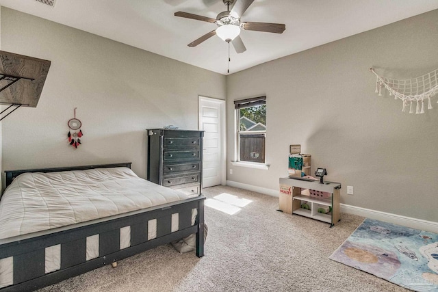 bedroom with light colored carpet and ceiling fan