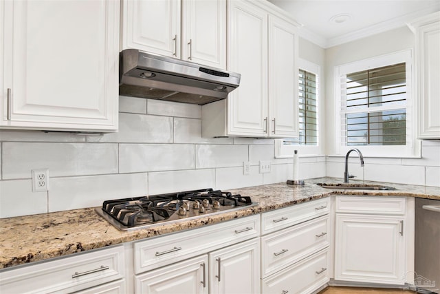 kitchen with white cabinets, appliances with stainless steel finishes, sink, tasteful backsplash, and ornamental molding