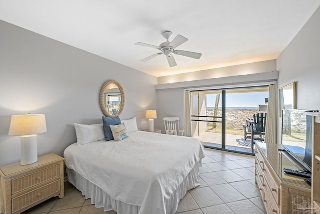 bedroom with access to exterior, light tile patterned floors, and ceiling fan