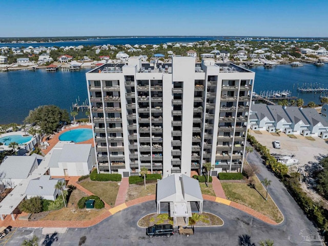 drone / aerial view with a water view