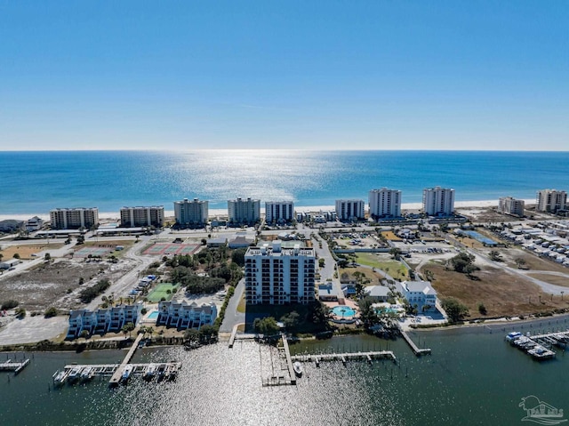 aerial view with a water view and a city view