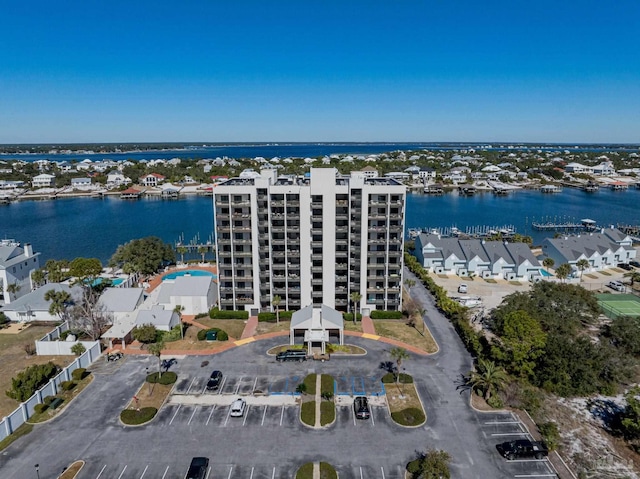 bird's eye view with a water view