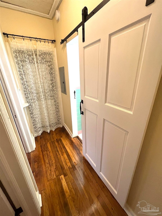 bathroom with electric panel, crown molding, and hardwood / wood-style floors