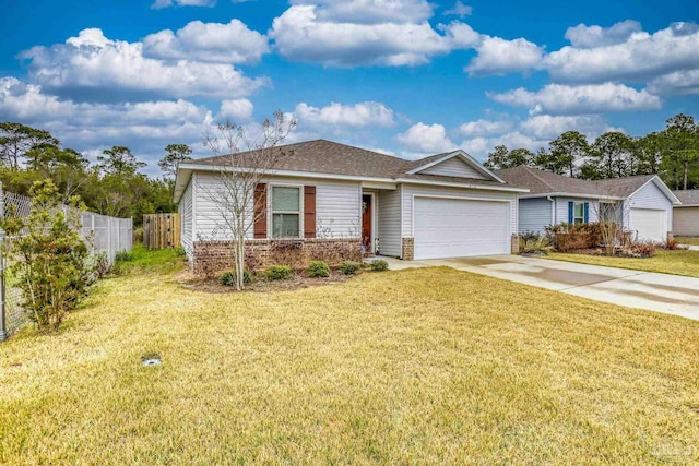 ranch-style home with an attached garage, fence, concrete driveway, and a front yard